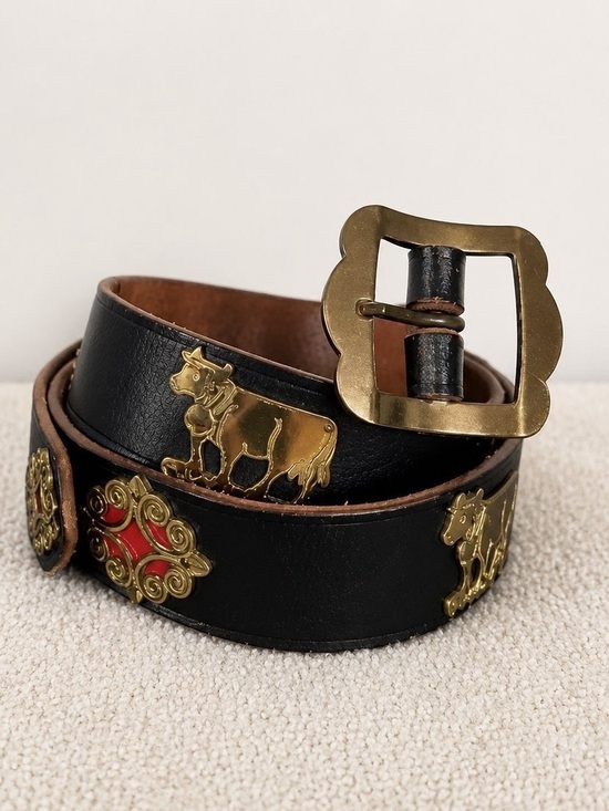 Vintage Accessories - Vintage Swiss Leather Cowbell Belt Black Brass Alpine Cow Farmer Motif 35”